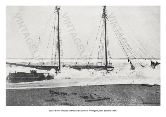 Scow ‘Bravo’ wrecked on Pataua Beach near Whangarei, New Zealand c1907. 
Coastal Shipping in the early 20th century around Australia and New Zealand