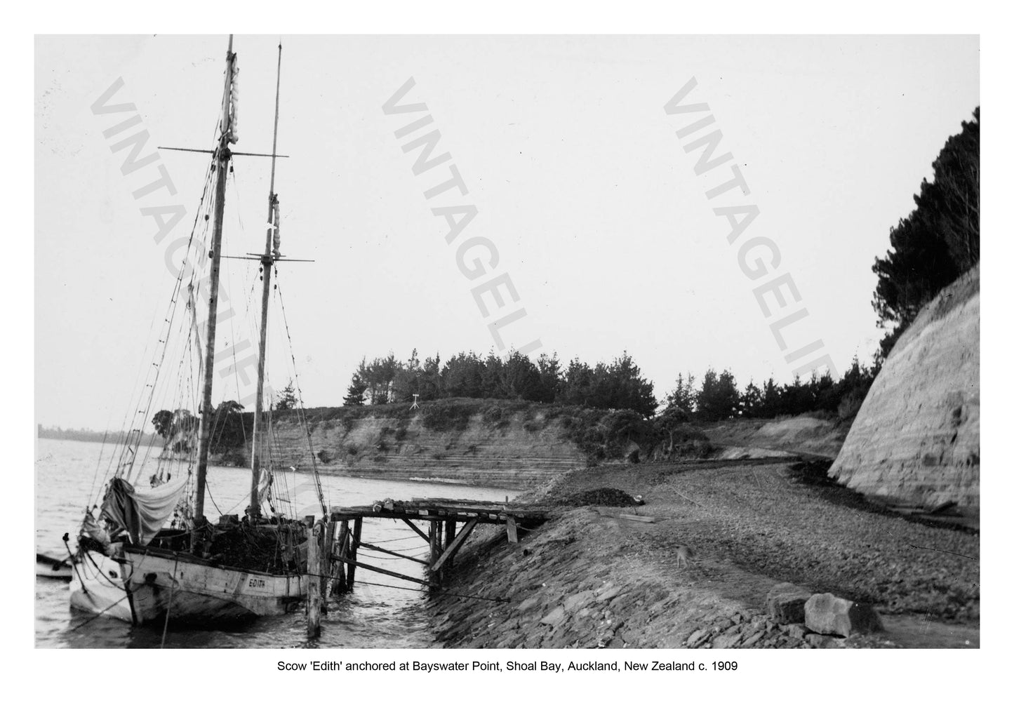 Scow 'Edith' anchored at Bayswater Point, Shoal Bay, Auckland, New Zealand, c 1909. Coastal Shipping in the early 20th century around New Zealand