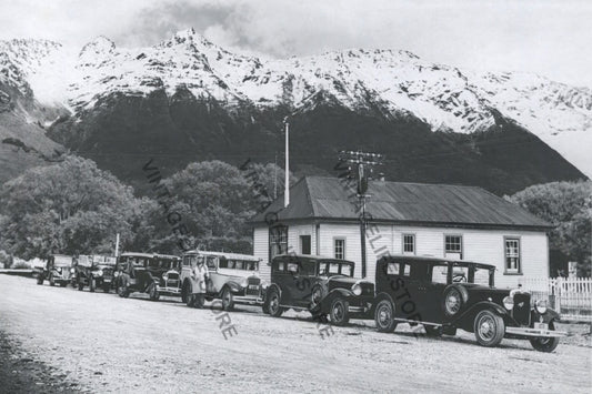 Glenorchy Motors Cars Lined Up for trip to Paradise, Lakes District, New Zealand, c.1930s