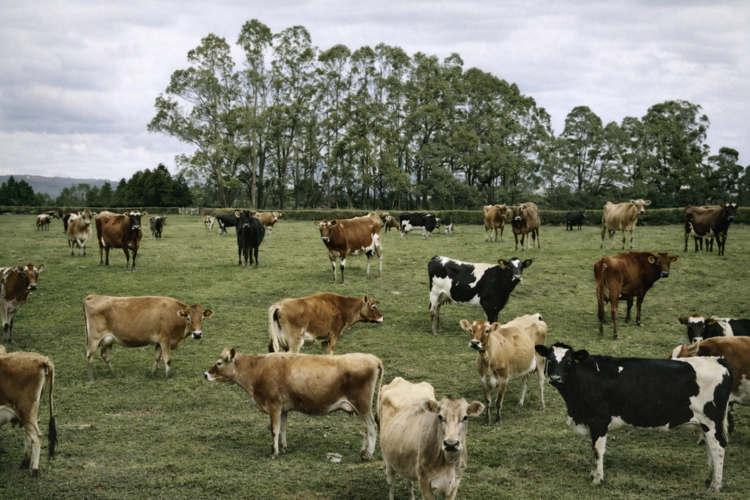 Cows of various colors and sizes grazing in a green field with trees in the background.